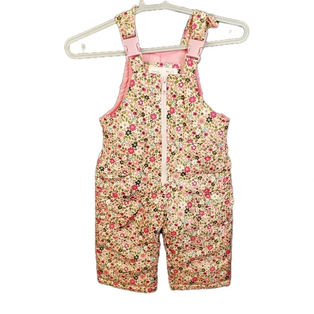 OshKosh‎ B'Gosh Bib Overall Snow Pants Pink Flowers Mini All-Over Floral Sz 12M
